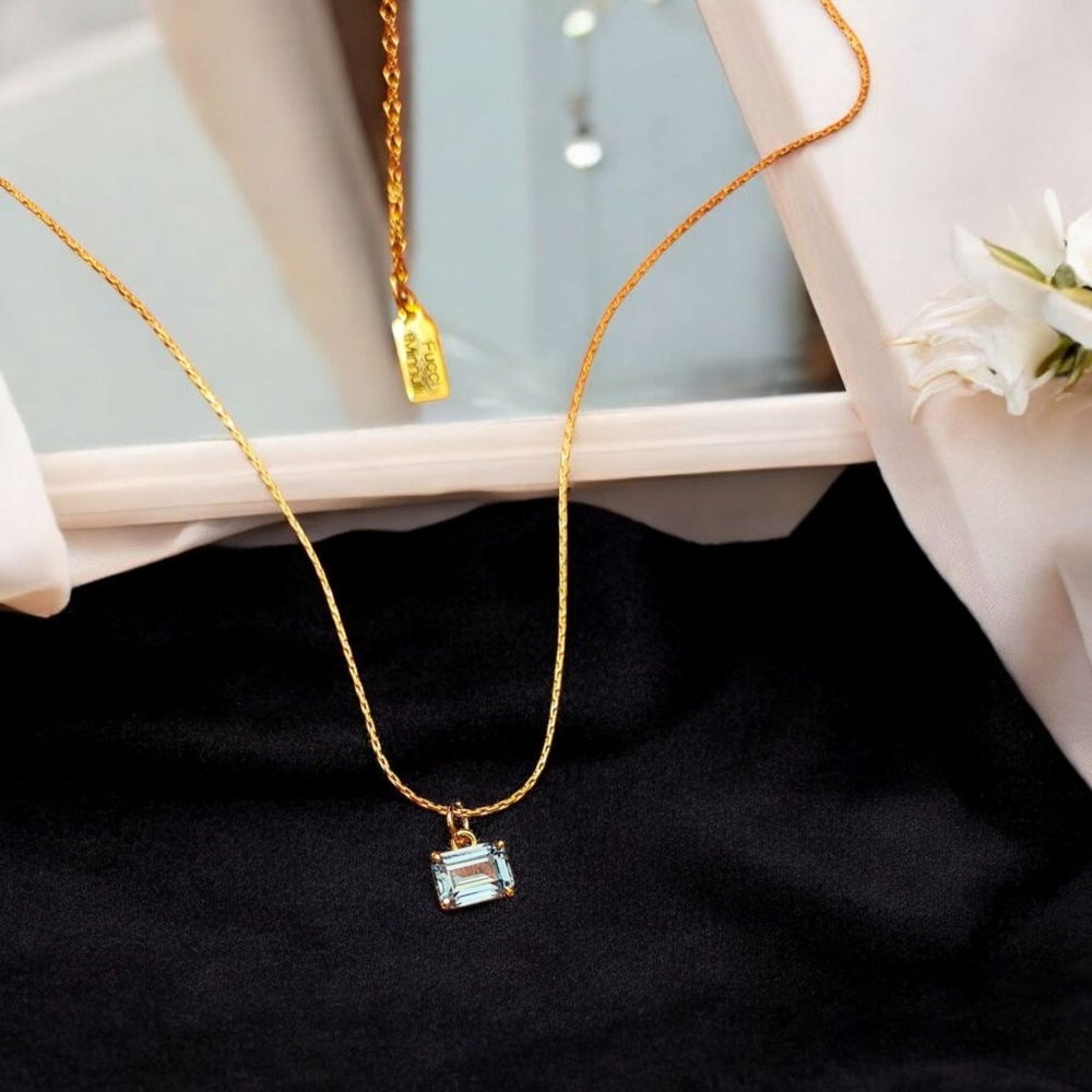 Dainty Blue Emerald Cut Zirconia Charm Necklace on Gold Filled Chain